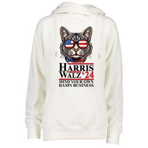 Kamala Harris Tim Walz 2024 Mind Your Own Damn Business Patriotic Cat Womens Funnel Neck Pullover Hood