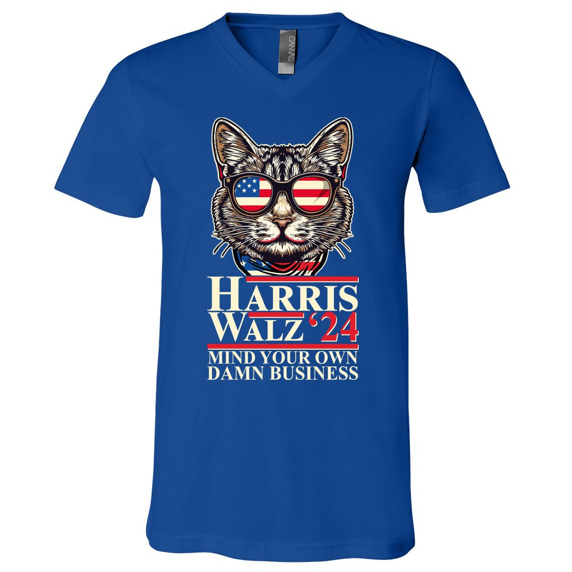 Kamala Harris Tim Walz 2024 Mind Your Own Damn Business Patriotic Cat V-Neck T-Shirt
