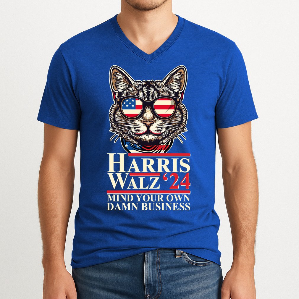 Kamala Harris Tim Walz 2024 Mind Your Own Damn Business Patriotic Cat V-Neck T-Shirt