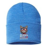 Kamala Harris Tim Walz 2024 Mind Your Own Damn Business Patriotic Cat Sustainable Knit Beanie