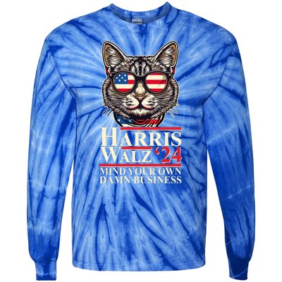 Kamala Harris Tim Walz 2024 Mind Your Own Damn Business Patriotic Cat Tie-Dye Long Sleeve Shirt