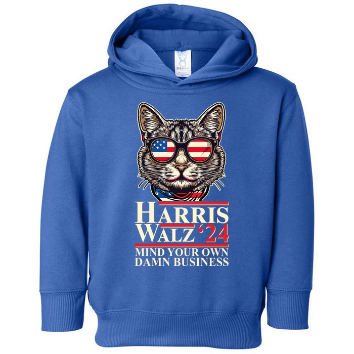 Kamala Harris Tim Walz 2024 Mind Your Own Damn Business Patriotic Cat Toddler Hoodie