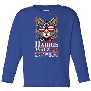 Kamala Harris Tim Walz 2024 Mind Your Own Damn Business Patriotic Cat Toddler Long Sleeve Shirt