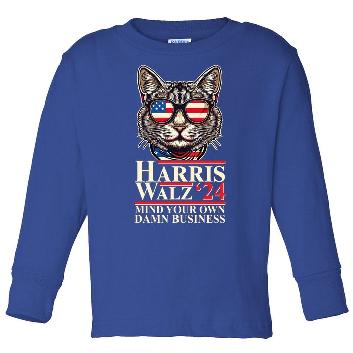 Kamala Harris Tim Walz 2024 Mind Your Own Damn Business Patriotic Cat Toddler Long Sleeve Shirt