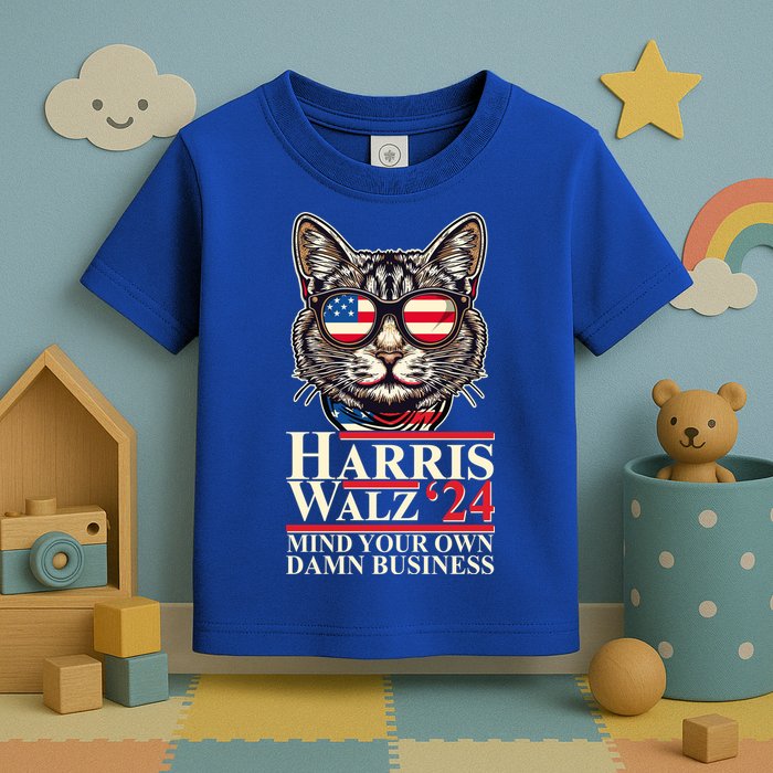 Kamala Harris Tim Walz 2024 Mind Your Own Damn Business Patriotic Cat Toddler T-Shirt