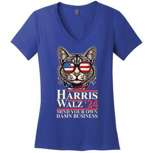 Kamala Harris Tim Walz 2024 Mind Your Own Damn Business Patriotic Cat Women's V-Neck T-Shirt