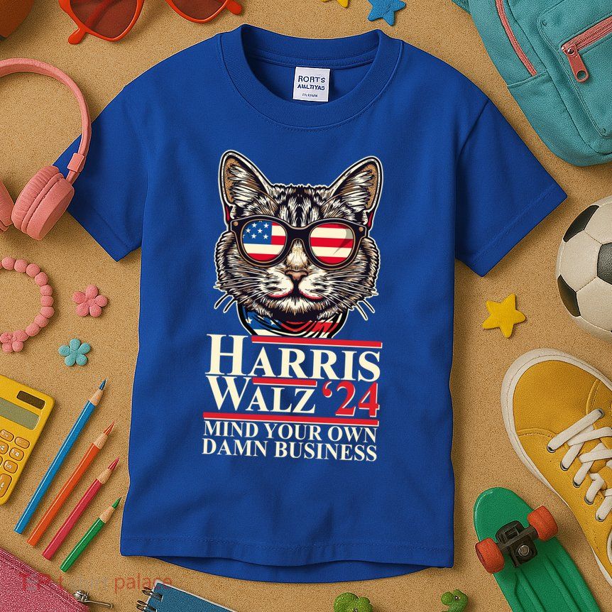 Kamala Harris Tim Walz 2024 Mind Your Own Damn Business Patriotic Cat Kids T-Shirt