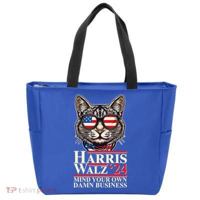 Kamala Harris Tim Walz 2024 Mind Your Own Damn Business Patriotic Cat Zip Tote Bag