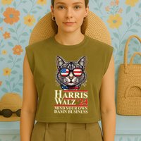 Kamala Harris Tim Walz 2024 Mind Your Own Damn Business Patriotic Cat Garment-Dyed Women's Muscle Tee