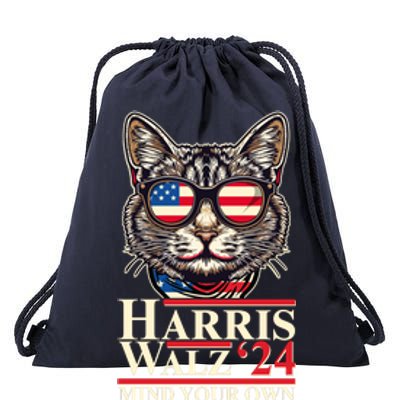 Kamala Harris Tim Walz 2024 Mind Your Own Damn Business Patriotic Cat Drawstring Bag