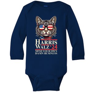 Kamala Harris Tim Walz 2024 Mind Your Own Damn Business Patriotic Cat Baby Long Sleeve Bodysuit