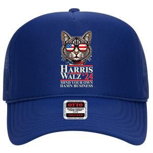 Kamala Harris Tim Walz 2024 Mind Your Own Damn Business Patriotic Cat High Crown Mesh Back Trucker Hat