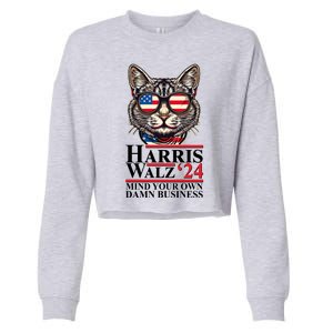 Kamala Harris Tim Walz 2024 Mind Your Own Damn Business Patriotic Cat Cropped Pullover Crew