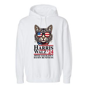 Kamala Harris Tim Walz 2024 Mind Your Own Damn Business Patriotic Cat Garment-Dyed Fleece Hoodie