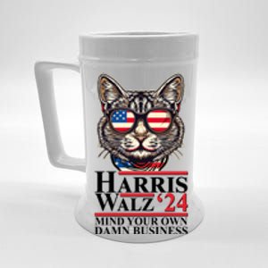 Kamala Harris Tim Walz 2024 Mind Your Own Damn Business Patriotic Cat Beer Stein