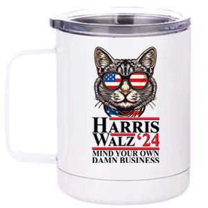 Kamala Harris Tim Walz 2024 Mind Your Own Damn Business Patriotic Cat 12 oz Stainless Steel Tumbler Cup