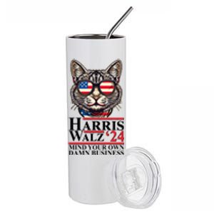 Kamala Harris Tim Walz 2024 Mind Your Own Damn Business Patriotic Cat Stainless Steel Tumbler