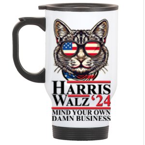 Kamala Harris Tim Walz 2024 Mind Your Own Damn Business Patriotic Cat Stainless Steel Travel Mug