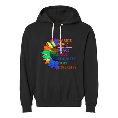 Kamala Harris Tim Walz Waltz Peace Love Equality Hope Diversity Garment-Dyed Fleece Hoodie