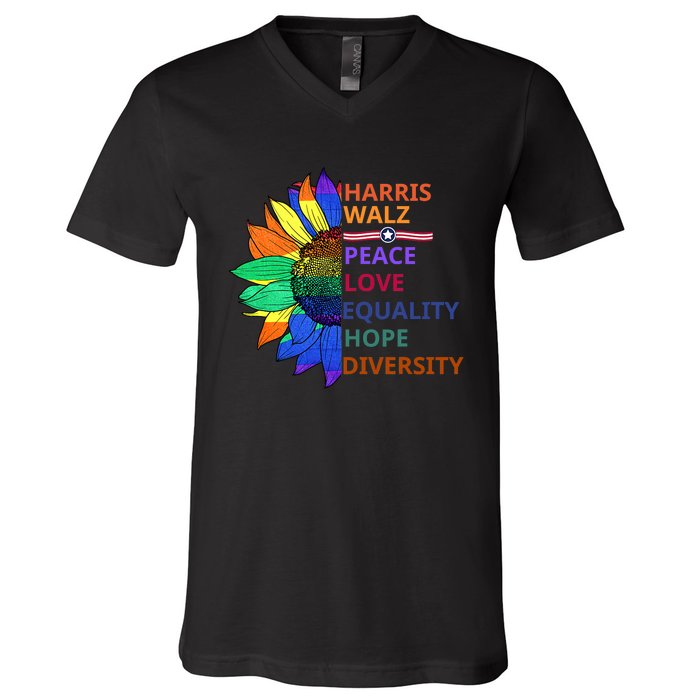 Kamala Harris Tim Walz Waltz Peace Love Equality Hope Diversity V-Neck T-Shirt