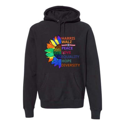 Kamala Harris Tim Walz Waltz Peace Love Equality Hope Diversity Premium Hoodie