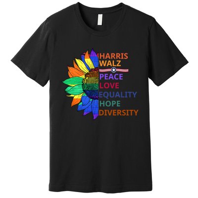 Kamala Harris Tim Walz Waltz Peace Love Equality Hope Diversity Premium T-Shirt