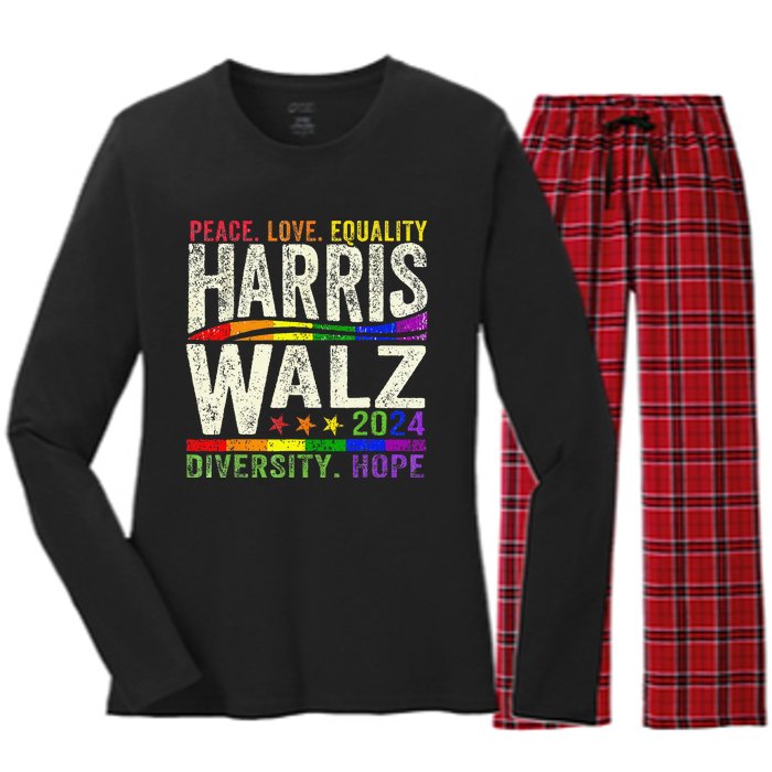 Kamala Harris Tim Walz 2024 Peace Lgbt Harris Walz Waltz Gift Women's Long Sleeve Flannel Pajama Set 