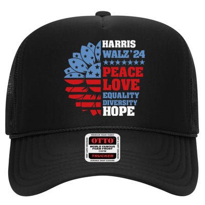 Kamala Harris Tim Walz 2024 Peace Lgbt Harris Walz Waltz Gift High Crown Mesh Back Trucker Hat