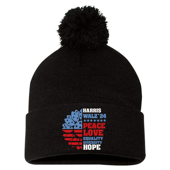 Kamala Harris Tim Walz 2024 Peace Lgbt Harris Walz Waltz Gift Pom Pom 12in Knit Beanie