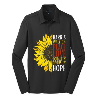 Kamala Harris Tim Walz 24 Peace Love Equality Diversity Hope Lgbt Silk Touch Performance Long Sleeve Polo