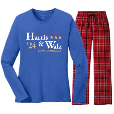 Kamala Harris Tim Walz Saving Democracy Election Campaign Gift Women's Long Sleeve Flannel Pajama Set 