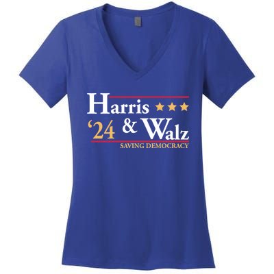 Kamala Harris Tim Walz Saving Democracy Election Campaign Gift Women's V-Neck T-Shirt