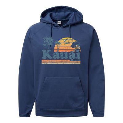 Kauai Hawaii Vintage Beach Summer Surfing 70s Retro Hawaiian Performance Fleece Hoodie