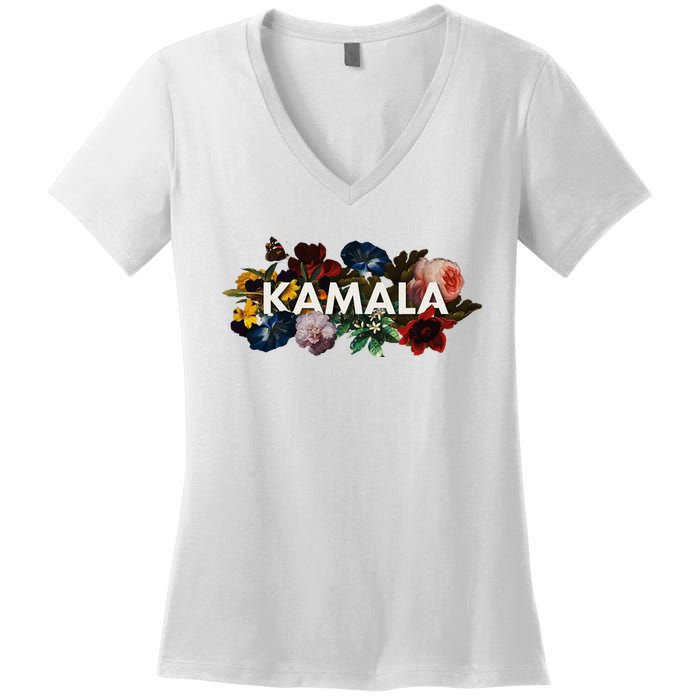 Kamala Harris Vintage Floral Feminine First Female President Women's V-Neck T-Shirt