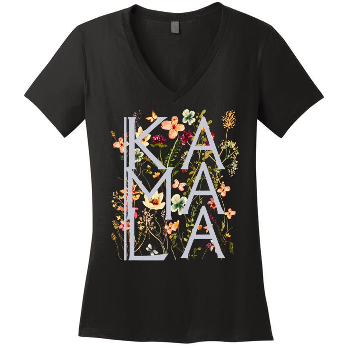 Kamala Harris Vintage Floral Feminine First Female President Women's V-Neck T-Shirt