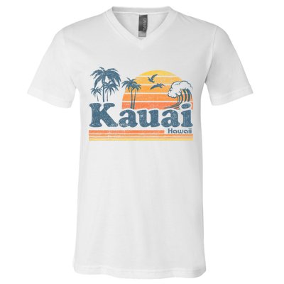 Kauai Hawaii Vintage Beach Summer Surfing 70s Retro Hawaiian V-Neck T-Shirt