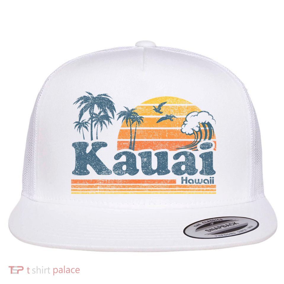 Kauai Hawaii Vintage Beach Summer Surfing 70s Retro Hawaiian Flatbill Hat