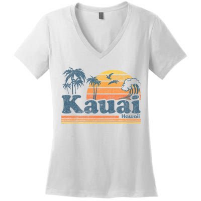 Kauai Hawaii Vintage Beach Summer Surfing 70s Retro Hawaiian Women's V-Neck T-Shirt