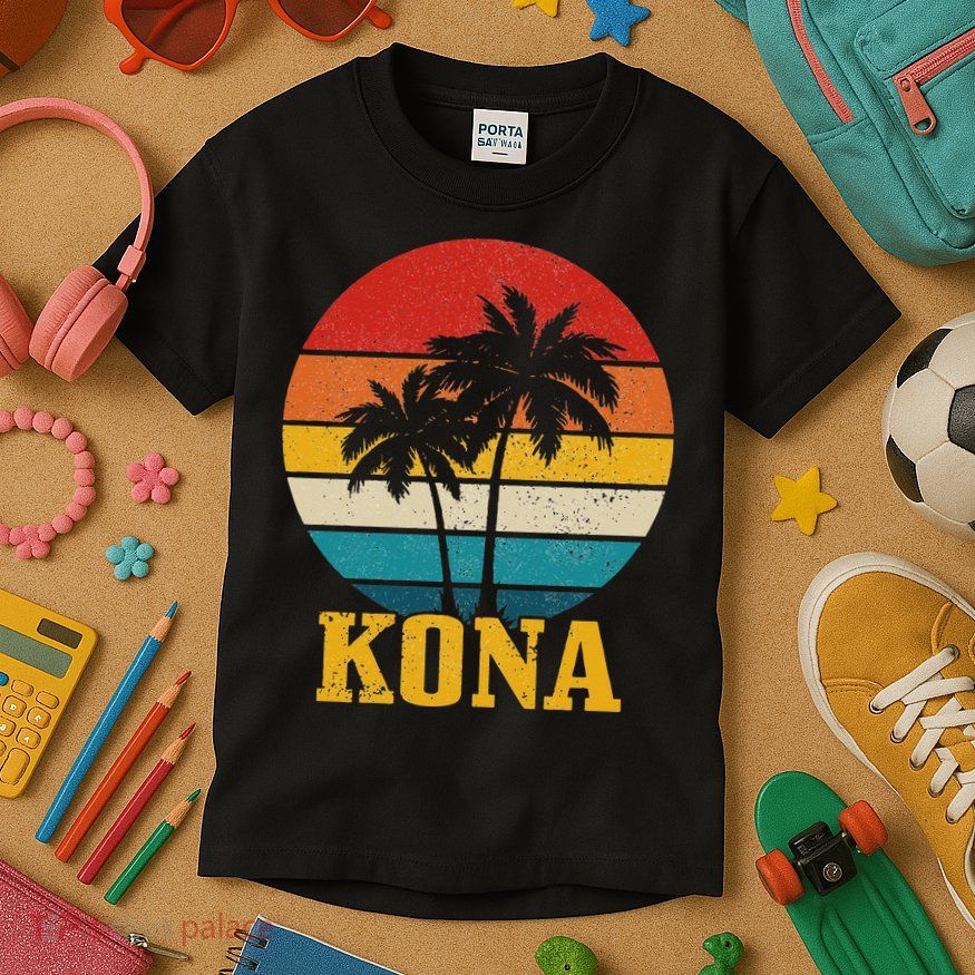 Kona Hawaii Vintage Palm Trees Surfing Surfer Hawaiian Kids T-Shirt