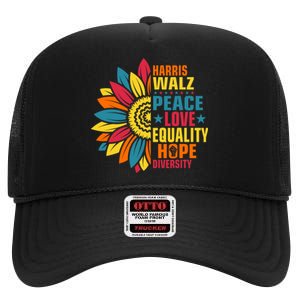 Kamala Harris Waltz Peace Love E Hope Diversity High Crown Mesh Back Trucker Hat