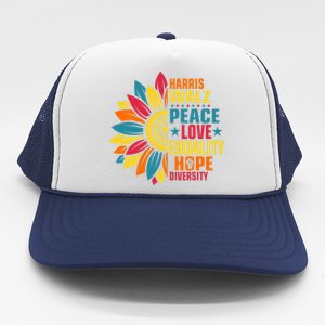 Kamala Harris Waltz Peace Love E Hope Diversity Trucker Hat