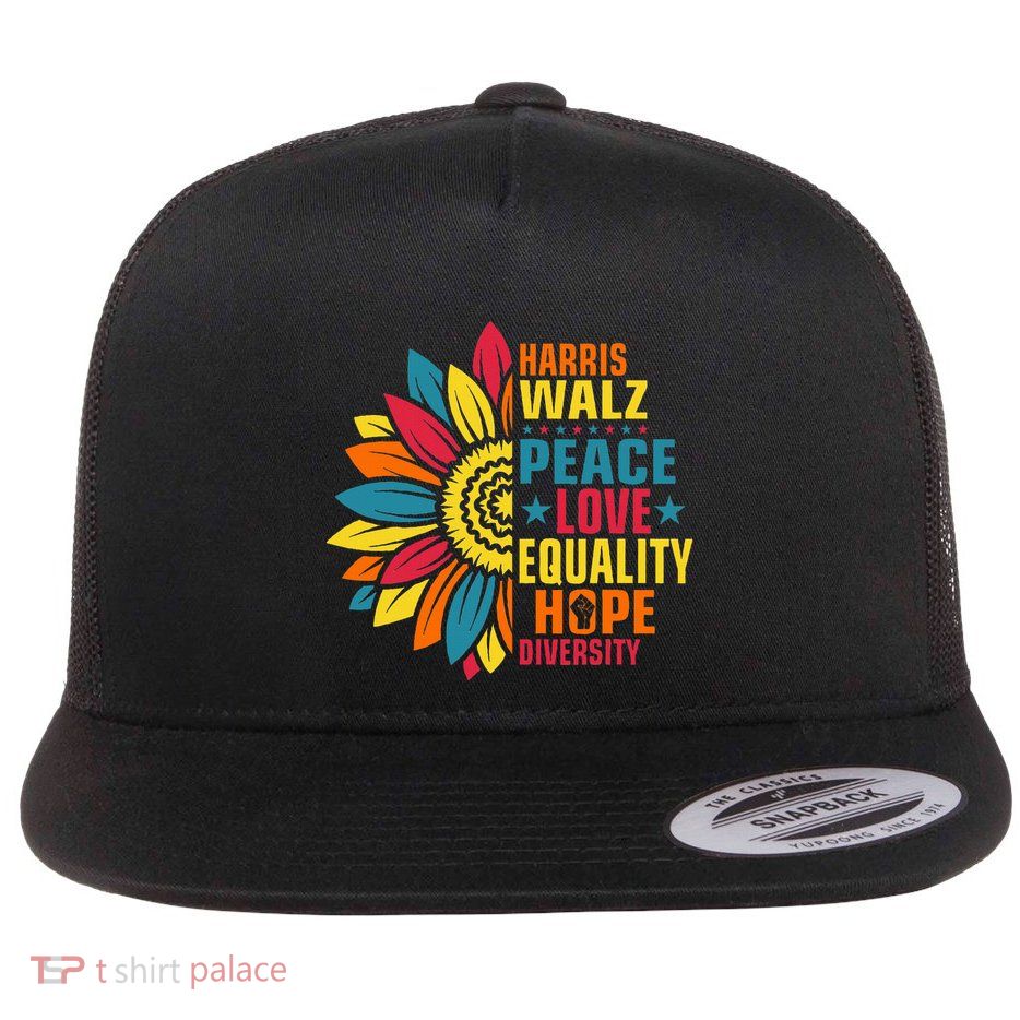 Kamala Harris Waltz Peace Love E Hope Diversity Flat Bill Trucker Hat