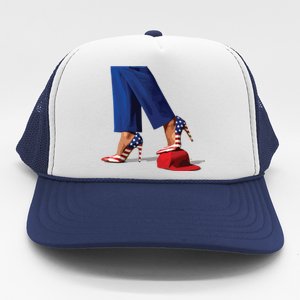 Kamala Harris With High Heels Stepping On Red Hat Trucker Hat