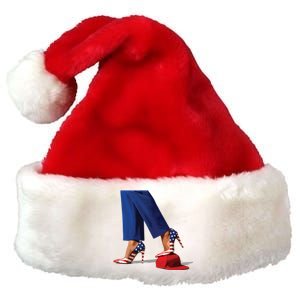 Kamala Harris With High Heels Stepping On Red Hat Premium Christmas Santa Hat