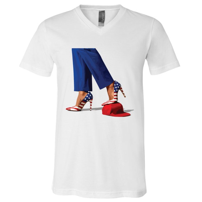 Kamala Harris With High Heels Stepping On Red Hat V-Neck T-Shirt