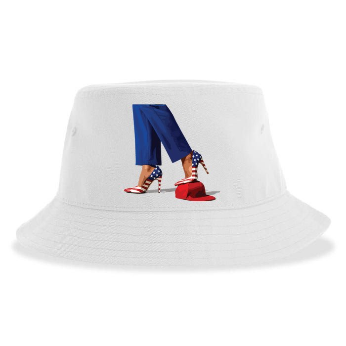 Kamala Harris With High Heels Stepping On Red Hat Sustainable Bucket Hat