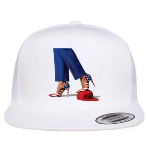 Kamala Harris With High Heels Stepping On Red Hat Flat Bill Trucker Hat