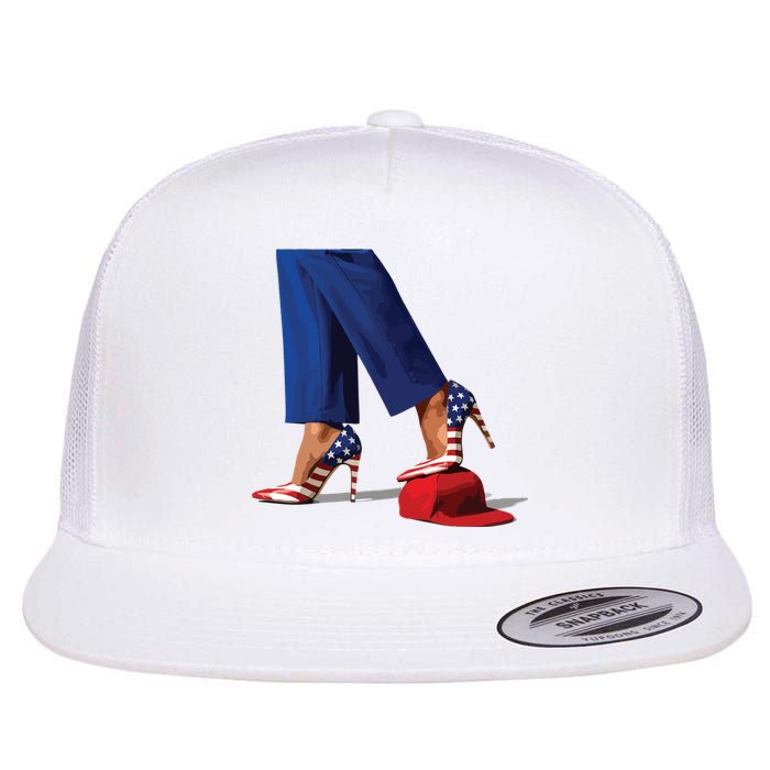 Kamala Harris With High Heels Stepping On Red Hat Flat Bill Trucker Hat