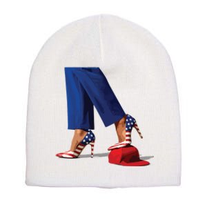 Kamala Harris With High Heels Stepping On Red Hat Short Acrylic Beanie