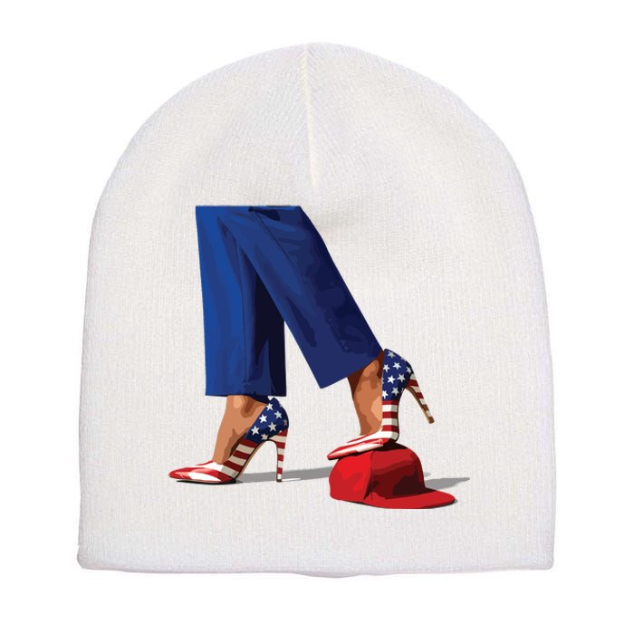 Kamala Harris With High Heels Stepping On Red Hat Short Acrylic Beanie